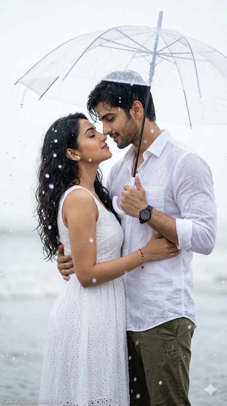 Couple rain ai photo editing prompt aesthetic